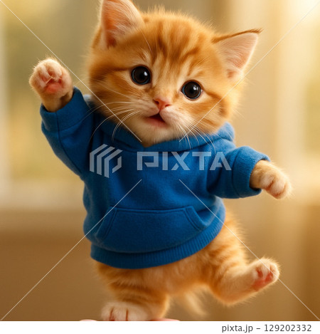 指の上でバランスを取る赤ちゃん猫の写真（AIイラスト） 129202332