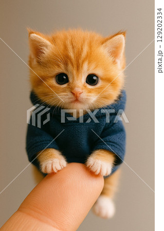 指先にちょこんと乗る赤ちゃん猫の実写風写真（AIイラスト） 129202334
