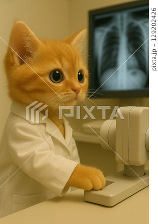 レントゲンを操作する猫の放射線技師AIイラスト 129202426