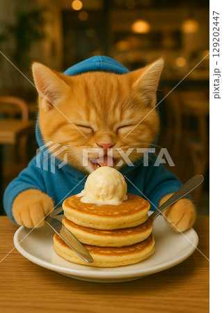 パンケーキに大喜びする子猫のカフェシーン（AIイラスト） 129202447