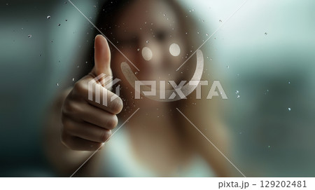 Joyful Gesture With Abstract AI Background 129202481