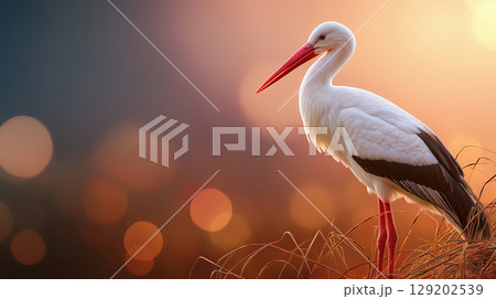 Stork in Warm Sunset Light - Generative AI 129202539