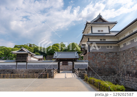 Kanazawa Castle and Moat in Japan on Summer Day 129202587