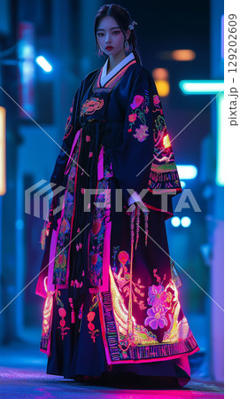 Korean woman wearing traditional hanbok with vibrant embroidery in a colorful urban setting at night Korean woman wearing traditional hanbok with vibrant embroidery in a colorful urban setting at night 129202609