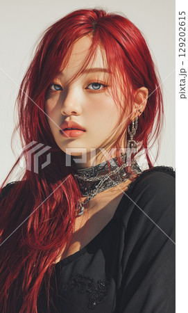 Young Korean woman with striking red hair and blue eyes poses confidently against a neutral background 129202615