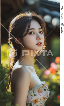 Young woman poses gracefully in a floral dress amidst a vibrant garden in Korea during sunny weather 129202626