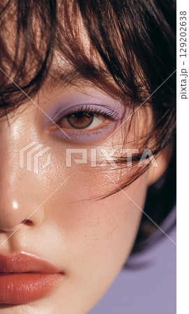 Close-up view of a young Korean woman showcasing soft makeup with purple eyeshadow during a beauty shoot in a studio setting 129202638