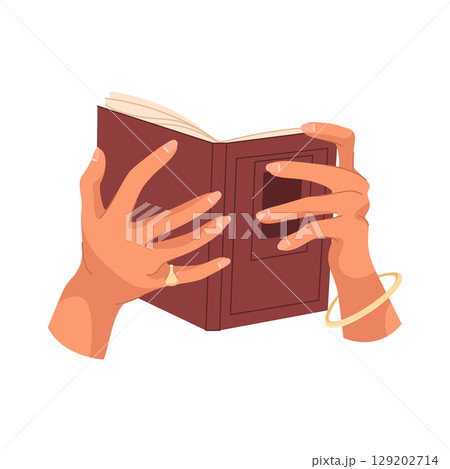 Cartoon woman hands holding book for reading. Vector non fiction literature or educational journal. Palm with opened hardcover or paperback text. Reader and education, knowledge and learning, manual. Cartoon woman hands holding book for reading. Vector non fiction literature or educational journal. Palm with opened hardcover or paperback text. Reader and education, knowledge and learning, manual. 129202714