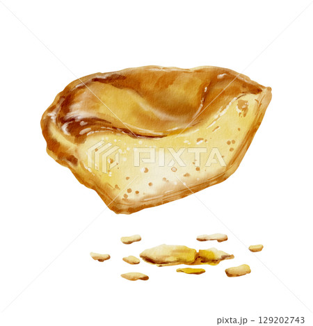 Halved pastel de nata with creamy custard and crumbs-traditional Portuguese dessert.Egg custard baked in a puff pastry shell at high oven temperature.Watercolor illustration isolated on white 129202743