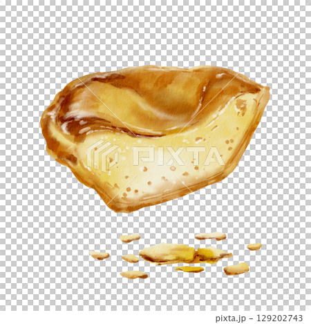 Halved pastel de nata with creamy custard and crumbs-traditional Portuguese dessert.Egg custard baked in a puff pastry shell at high oven temperature.Watercolor illustration isolated on white 129202743