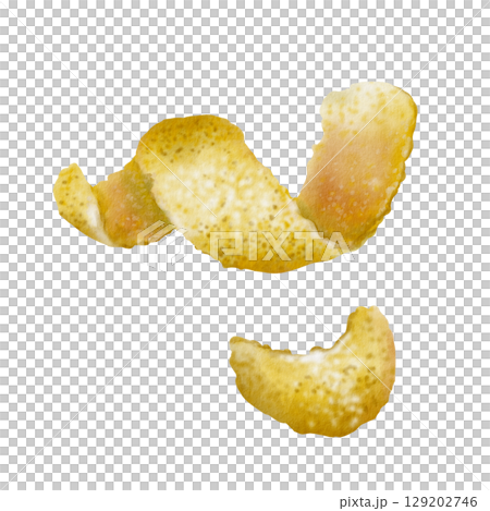 Lemon peel,zest spirals and curls-fragrant garnish for dishes and refreshing cocktails fresh,aromatic spice and cuisine,for recipes,bars,food.Hand-painted watercolor illustration isolated on white 129202746