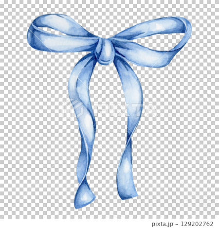 Blue satin bow with long tails painted as a watercolor clipart. Ideal for baby shower invitations, birthday cards, festive packaging, kids party decor, and seasonal stationery design elements Blue satin bow with long tails painted as a watercolor clipart. Ideal for baby shower invitations, birthday cards, festive packaging, kids party decor, and seasonal stationery design elements 129202762