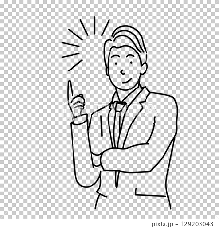 圖庫插圖: 一名穿著西裝、用食指向上的男子的線條畫向量 圖庫插圖: 一名穿著西裝、用食指向上的男子的線條畫向量 129203043