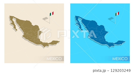 Mexican country flag installed on geographic positioning map point of country territory. Mexico commonwealth banner on land and sea. Festive patriotic HD format template for independence day 129203249