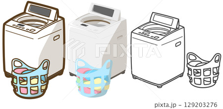 縦型洗濯機と洗濯物が入っている洗濯カゴ 129203276