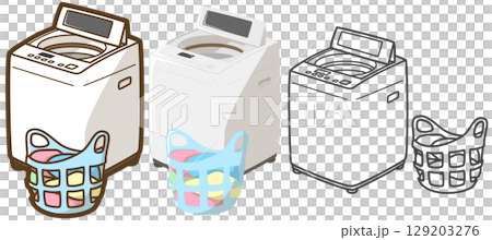 縦型洗濯機と洗濯物が入っている洗濯カゴ 129203276