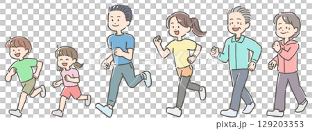 Illustration of a three-generation family jogging and walking Illustration of a three-generation family jogging and walking 129203353