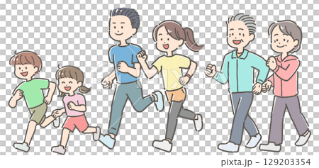 ジョギングやウォーキングをする3世代ファミリーのイラスト ジョギングやウォーキングをする3世代ファミリーのイラスト 129203354