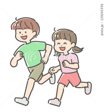 ジョギングをする男の子と女の子のイラスト 129203356