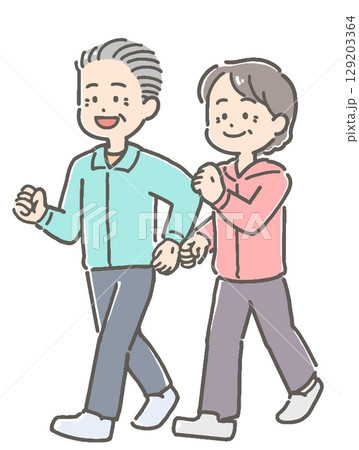 ウォーキングするシニア男女カップルのイラスト 129203364