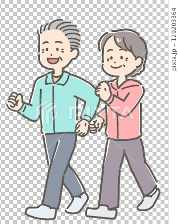 ウォーキングするシニア男女カップルのイラスト 129203364