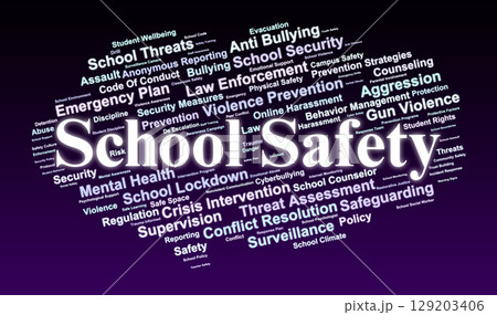 School Safety Word Cloud. Educational Terms About School Violence, Prevention, and Protection 129203406
