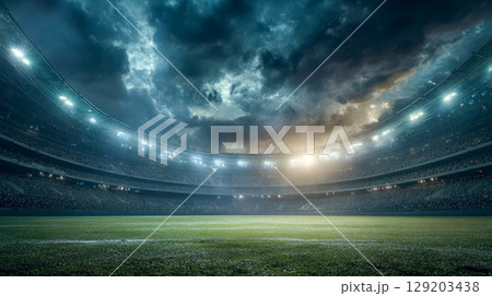 Football stadium with fans in the stands under bright lights at night 129203438