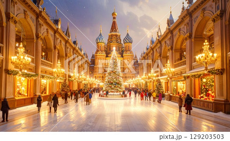 雪が降る夜にクリスマスのイルミネーションと人々で賑わう街のクリスマス・マーケットのイラスト 129203503