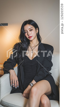 Elegant Korean woman in stylish outfit poses confidently in a modern interior setting during evening hours 129203539