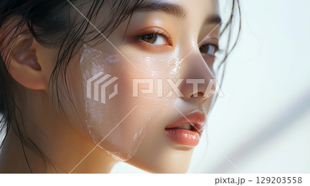 Young Korean woman applying a moisturizing skincare mask in a bright indoor setting during the daytime 129203558