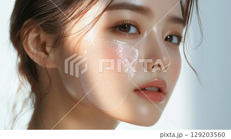 Korean woman applying a facial mask in a bright, modern setting during the day 129203560