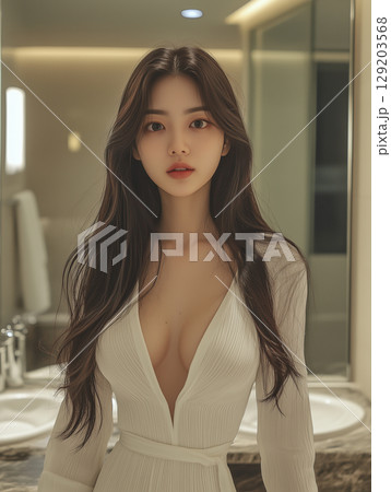 Portrait of a young woman in a stylish outfit standing in a modern bathroom with elegant lighting in the evening 129203568