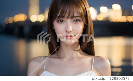 夜の街でキメ顔するロングヘアの女性 129203575