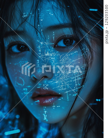 Woman with digital projections on her face expresses a blend of technology and art in a futuristic setting 129203580