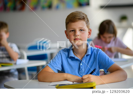 School boy sitting at the desk in classroom, looking at camera. 129203620