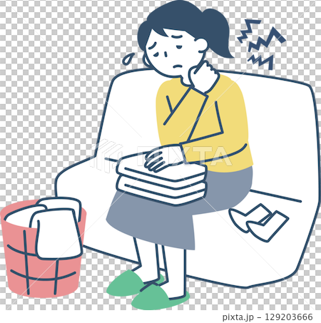 A woman suffering from stiff shoulders while folding laundry 129203666