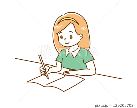 勉強をする髪の長い女の子のイラスト 129203702