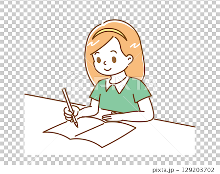 勉強をする髪の長い女の子のイラスト 129203702
