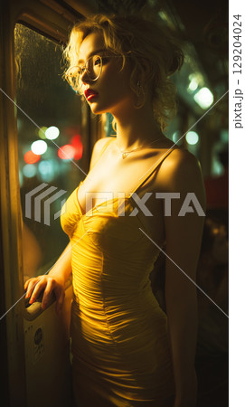 Evening reflections of a woman in a yellow dress by the window in a city street at night 129204024