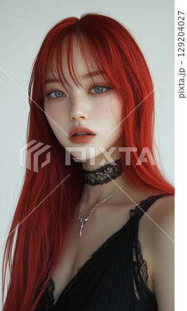 Korean woman with striking red hair and captivating blue eyes posing elegantly in a studio setting 129204027
