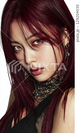 Korean woman with striking red hair and bold makeup posing confidently with intricate jewelry 129204030