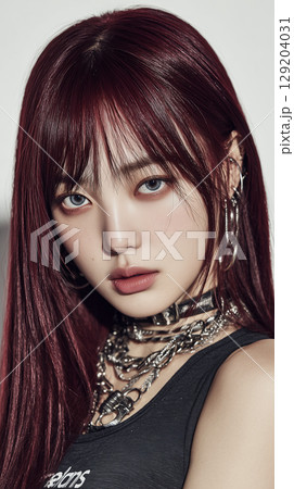 Korean model with striking features and bold accessories poses for a contemporary fashion shoot in an urban studio setting 129204031