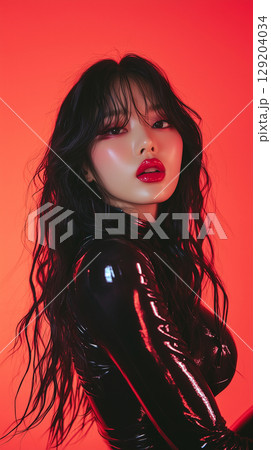 Korean model poses confidently with striking red lips against a vibrant red backdrop showcasing bold fashion and beauty 129204034