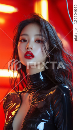 Portrait of a Korean woman in a stylish black outfit against a vibrant red backdrop showcasing contemporary fashion 129204040