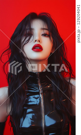 Korean model showcasing bold beauty with striking makeup and fashion against a vibrant red background 129204041