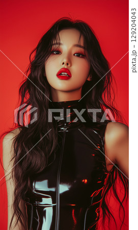 Striking portrait of a young Korean woman with long wavy hair and bold makeup against a vibrant red background 129204043