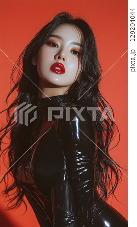 Korean model poses confidently in a black latex outfit against a bold red backdrop during a photoshoot 129204044
