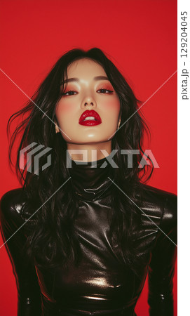 Striking portrait of a Korean model with bold red lips against a vibrant red background 129204045
