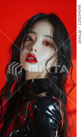 Korean model posing with striking makeup against a bold red backdrop during a fashion shoot 129204046