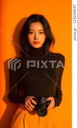 Portrait of a Korean woman holding a camera against vibrant orange background in a creative setting indoors 129204047